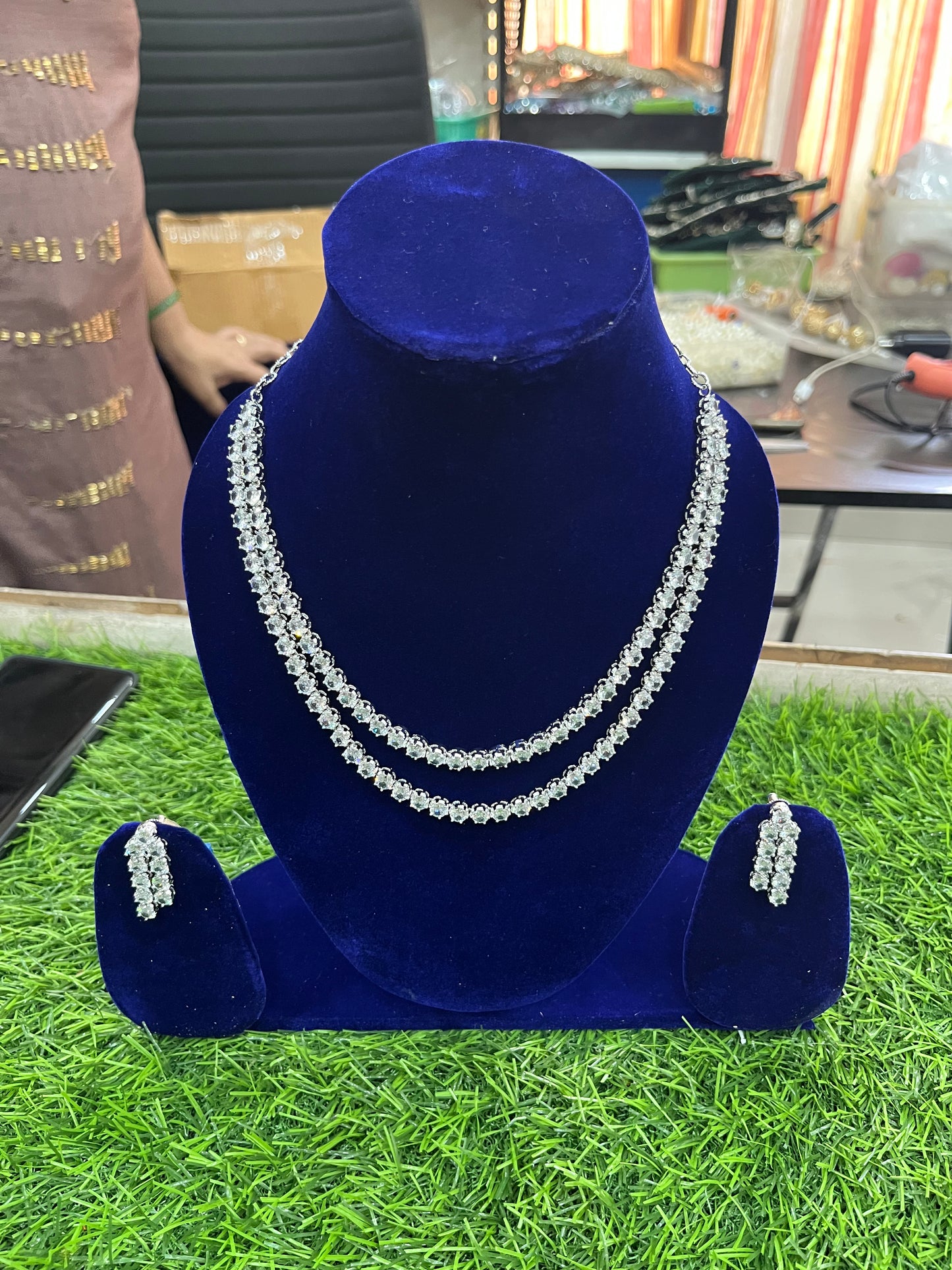 American Diamond Double Layer Solitaire Necklace Set