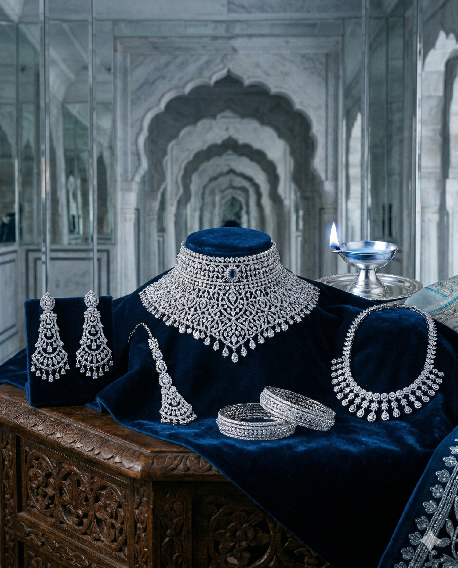 Its a photo of american diamond jewellery set kept on a velvet cloth