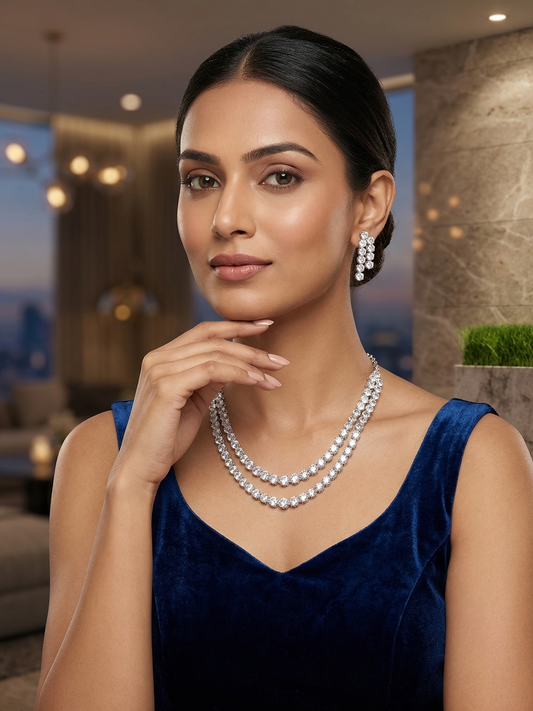 American Diamond Double Layer Solitaire Necklace Set