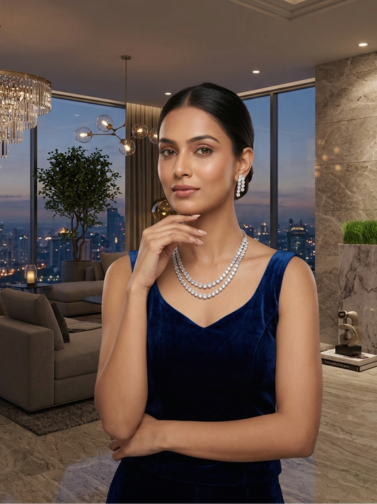 American Diamond Double Layer Solitaire Necklace Set