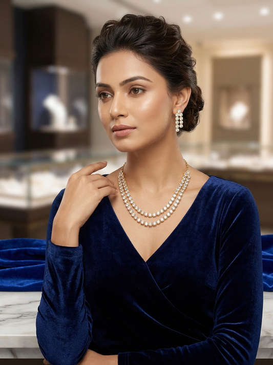 Woman wearing an american diamond necklace and earrings in an elegant setting