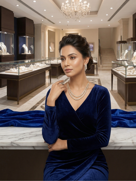 Woman in a blue dress with jewelry in a high-end jewelry store