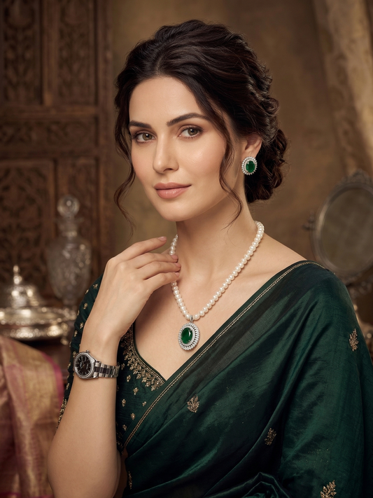 Woman in a green saree with jewelry, posing indoors.
