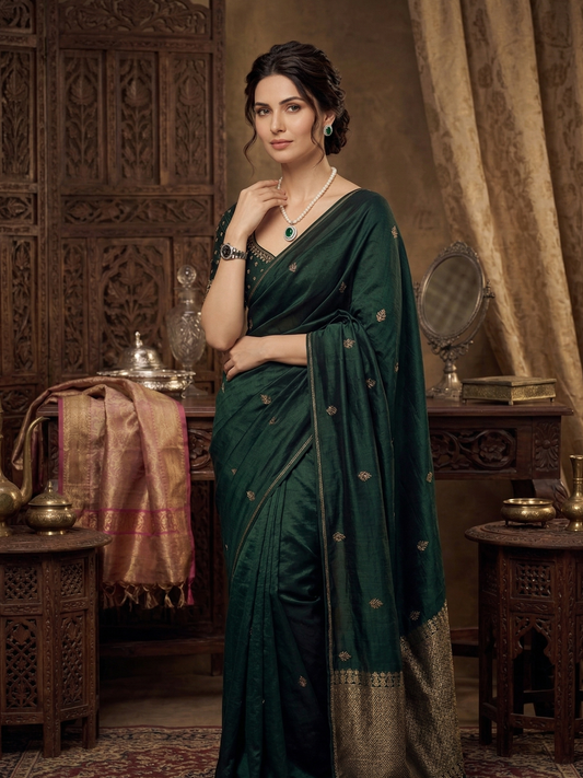 Woman in a dark green saree standing in an ornate room.