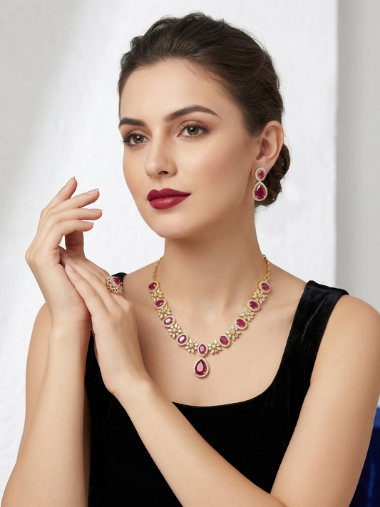 Woman wearing a luxurious necklace with gemstones on a white background