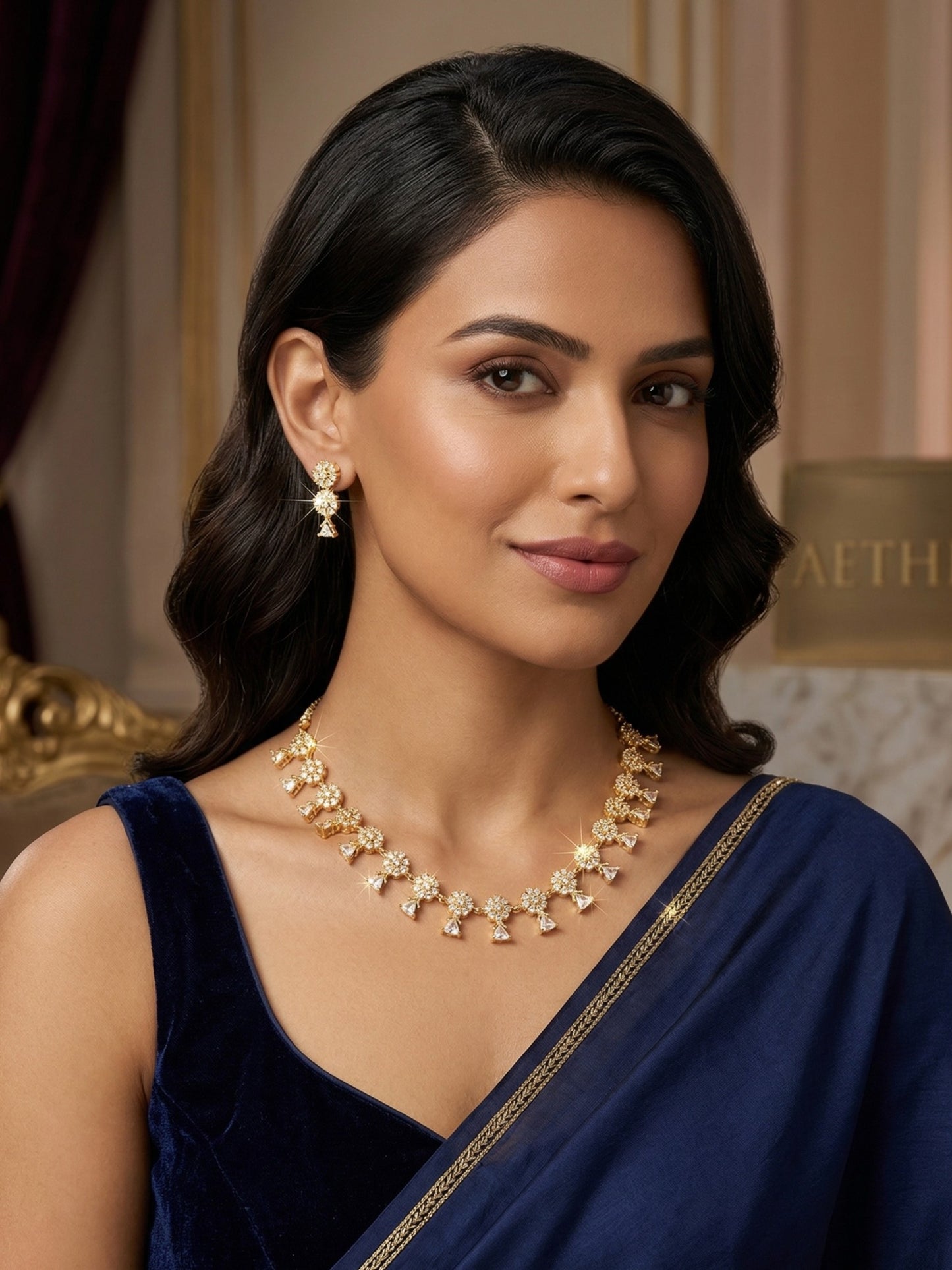 Woman wearing a gold necklace and earrings in an elegant setting