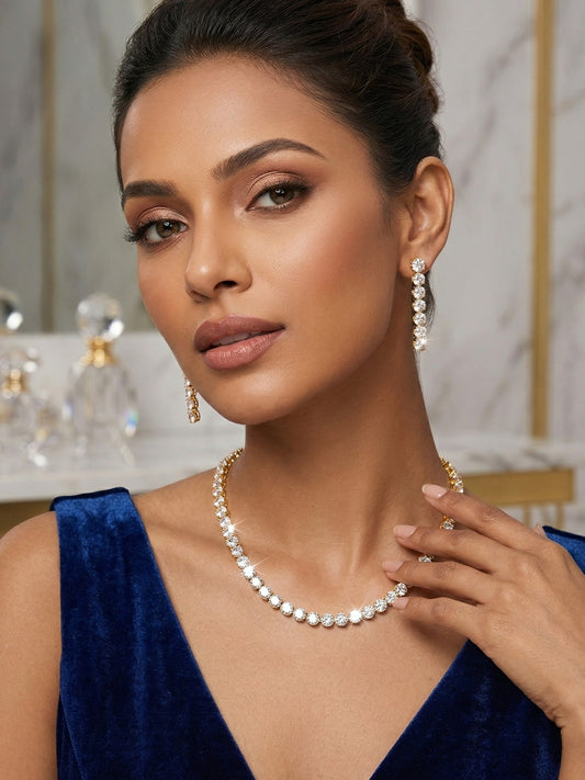 Woman wearing a pearl necklace and earrings in a elegant setting